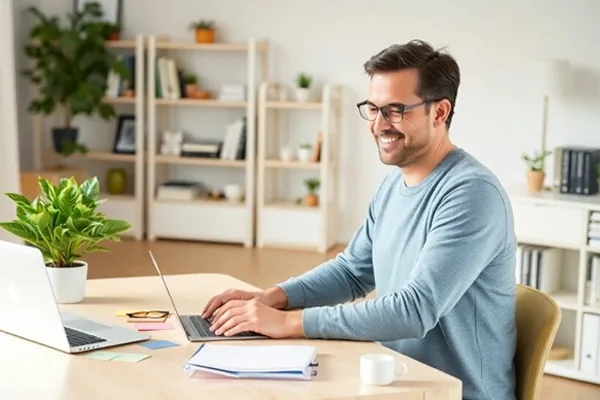 joven contento con su negocio en casa